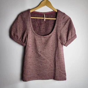 Free People Top Damen M lila metallic Strick S/S Rundhalsausschnitt T-Shirt Puffärmel - Bild 1 von 7