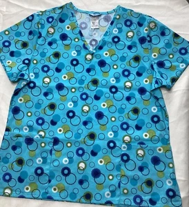 SB Scrub Top Scrubs Blue, Green,Black Circle Design LG - Picture 1 of 4