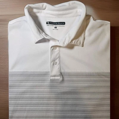 Size XXL Pebble Beach Dry Luxe Performance Polo Short Sleeve Gray, White Striped - Image 1 of 4