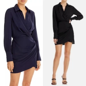 NEW AQUA BLACK Collared FAUX WRAP Shirt COCKTAIL Mini DRESS M - Picture 1 of 9