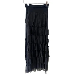 Maxi Falda Italiana Sedosa con Volantes en Capas Negra Fluida Formal Noche Falda Larga - Imagen 1 de 5
