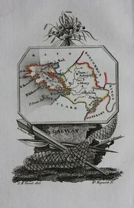 IRLAND, GALWAY, original antike Miniatur Landkarte, Perrot 1828 - Bild 1 von 2