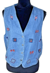 Vtg Capacity Heart bows Denim Vest M embroidered Hearts Cottagecore Teacher - Picture 1 of 5