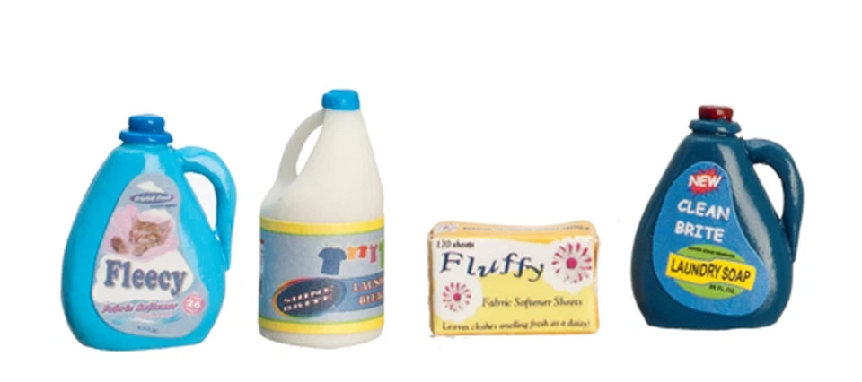 FARROW INDUSTRIES Dollhouse Miniature - 4 lot washroom/Laundry Care Assortment - Bleach, Detergent