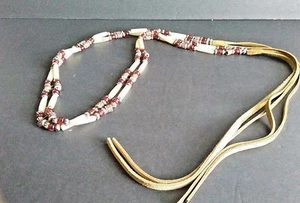 Beaded Tie Waist Belt Beige Rust Faux Suede End Ties Artsy Boho Hippie Size M/L - Picture 1 of 6