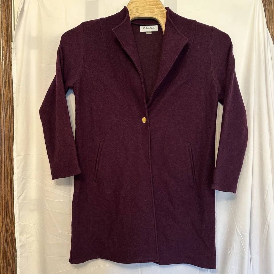 Suéter largo cárdigan abrigo lana Calvin Klein para mujer talla mediana ciruela púrpura Foto 1 de 4