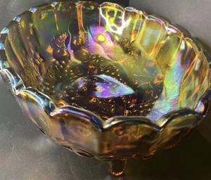 Vintage Iridescent Amber INDIANA Carnival Glass Footed Bowl Autumn Harvest 12.5" - Picture 1 of 3