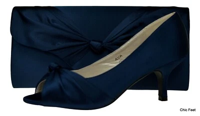 CHIC FEET NAVY BLUE LADIES WEDDING SATIN PEEP TOE EVENING LOW HEEL SHOES & BAG SIZE UK 7