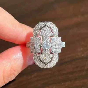2Ct Round Real Moissanite Art Deco Engagement Ring 14K White Gold Plated Silver - Picture 1 of 10
