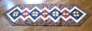 QUILTED TABLE RUNNER, HAND MADE, 65" X 18.5". MAROON, BLUE, BROWN & TAN, COUNTRY - Picture 1 of 16