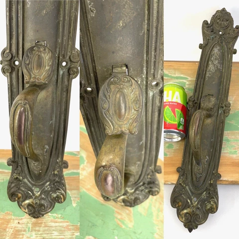Antique Art Nouveau Copper on Brass Entry Door Handle Lever Back Plate Victorian Cover