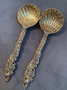 Pair Sterling Silver James Wakely Frank Clarke Wheeler Serving Spoons - Picture 1 of 13
