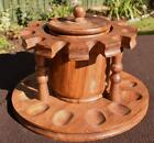 Fine Vintage Carved Oak Pipe Stand Rack and Tobacco Jar - 12 Pipes