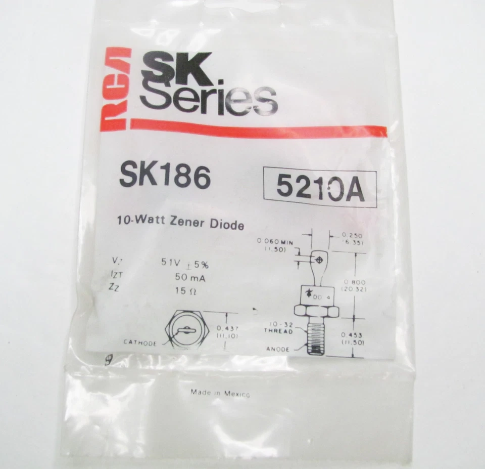 51V 10W Zener 二极管 - ±5% 公差 - DO-4 - RCA SK186 NTE5201A — 第 1/1 张图片