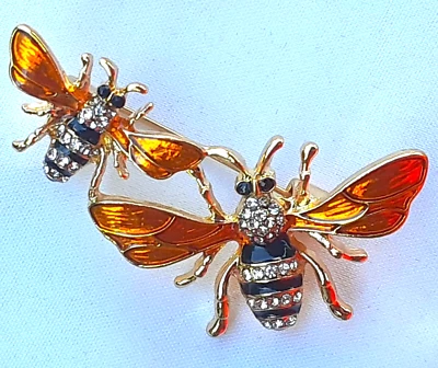 HONEY BEE couple BROOCH  Rhinestone & Enamel in GIFT BOX Gold color KK14 Foto 1 de 4