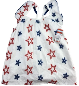 4th of July USA Girls XL Red Blue Embroidered Stars Flutter Sleeve Pom-poms Tank - Picture 1 of 7
