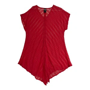 TS Top Size M Red Sheer V Neck Assymetrical Hem Split Textured Stripe - Picture 1 of 9