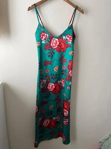 Boohoo Tall Dress Size 10 New Green Satin Floral Sleeveless Slip Midi Party Occa - Picture 1 of 10