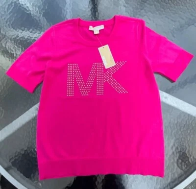 MICHAEL KORS MUJER TEJIDO TOP SUÉTER DORADO TACHONADO LOGO ELÉCTRICO ROSA NUEVO M L Foto 1 de 4