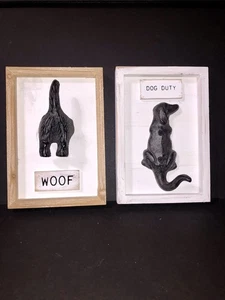 2 Mud Pie Dog Tail Leash Holder Iron Hook Wall Decor Woof Dog Duty Framed 8”x5.5 - Picture 1 of 7