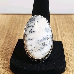 Anillo grande de piedras preciosas de ópalo dendrítico de 1 1/4" ovalado de plata de ley .925 tamaño 8,5 - Imagen 1 de 7