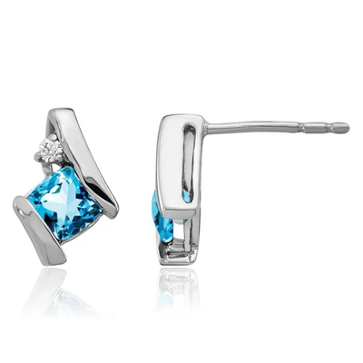 925 Sterling Silver Cushion-Cut Swiss Blue Topaz Diamond Stud Earrings - Image 1 of 4