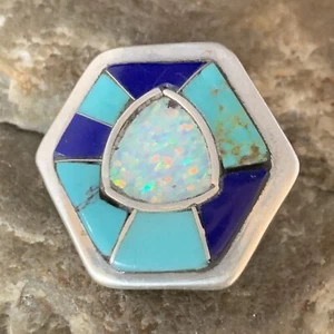 Blue Turquoise Lapis & Opal Navajo Sterling Silver Pin 1" 13697 - Imagen 1 de 12