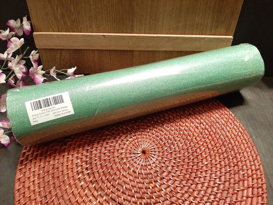 Amiya Green Glitter Vinyl Contact Paper 17.3"×1200" Peel & Stick Wallpaper 144sq - Image 1 of 4