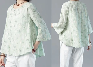 Mujer Top Algodón/Lino Floral Blusa 3/4 Mangas Largas Ropa Cuello Redondo Camiseta - Imagen 1 de 10