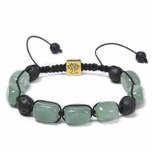 Unisex Green Aventurine Stone & Black Lava Rock Beaded Braided Rope Bracelet NEW - Picture 1 of 6