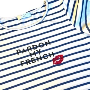 NWOT Cute Mini Milly PARDON MY FRENCH Shirt Travel White Navy Stripe Girls 7-8 - Picture 1 of 4