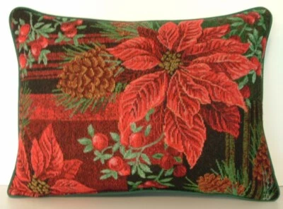 Christmas -Red Poinsettia, Pine Cones, & Needles, Berries Tapestry Pillow New - Image 1 of 4
