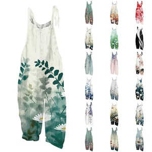 Women Boho Floral Dungaree Jumpsuit Strappy Baggy Romper Pants Overalls S-3XL - Picture 1 of 38
