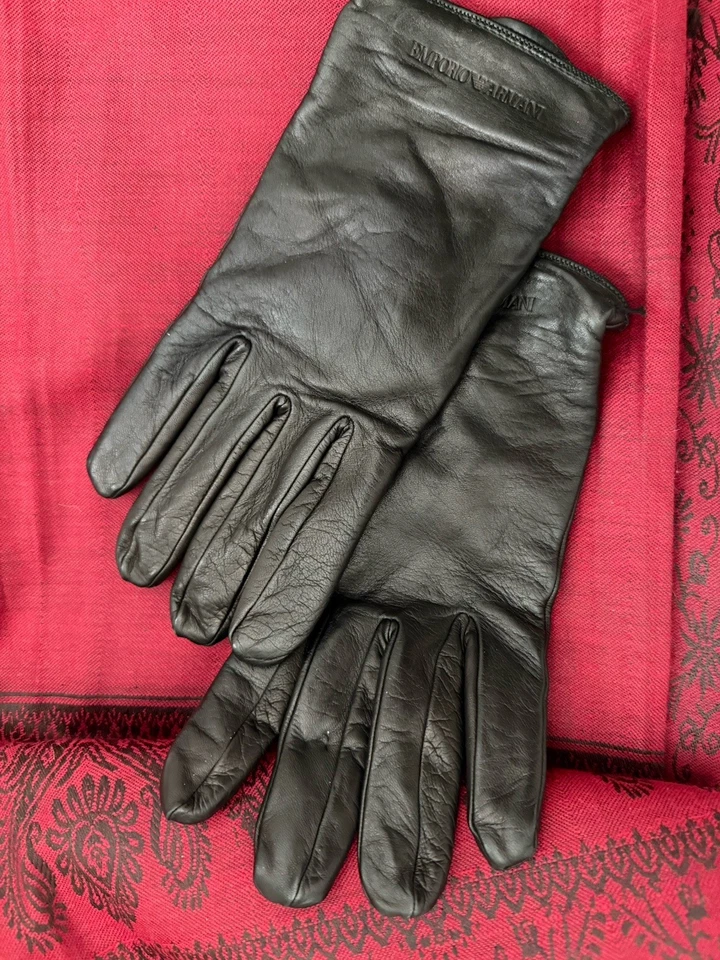 Emporio Armani, Guantes de Cuero Negro con Forro de Lana Negro Talla L Foto 1 de 4