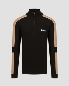 BOSS Mens Jumper Black Quarter Zip Knitwear With Logo - Zelchior Size L - Picture 1 of 6