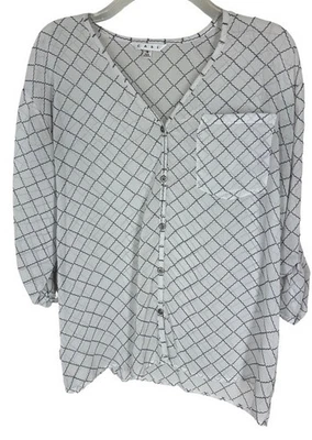 CAbi Top Size S White Black Geometric Pattern Roll Tab Sleeve Semi Sheer #740 - Image 1 of 4