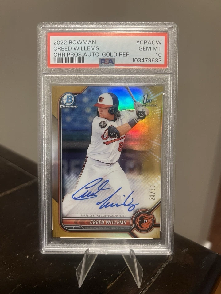 2022 BOWMAN CHROME PROSPECT AUTO TRUE GOLD REFRACTOR CREED WILLEMS RC /50 PSA10 - Image 1 of 3