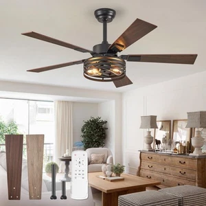 Farmhouse Caged Ceiling Fans with Lights and Remote, 48 Inch Black Bedroom Ce... - Picture 1 of 7