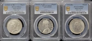 LOTE DE PLATA DE LA INDIA BRITÁNICA DE 3 PCGS MS61 Y MS62 1840 / 1862 / 1943 - Imagen 1 de 2