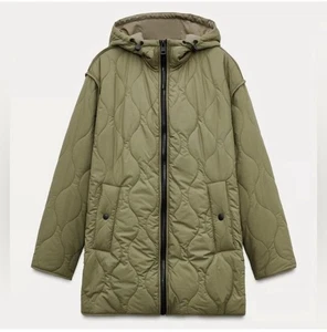 ZARA HOODED PUFFER JACKET. LIGHT KHAKI. SIZE S  - Picture 1 of 3