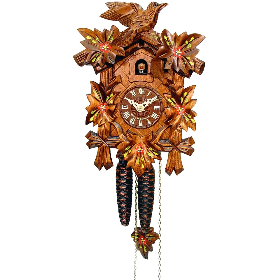 Black Forest German Cuckoo Clock With 5-leaf and Red Flowers Design - Image 1 of 1