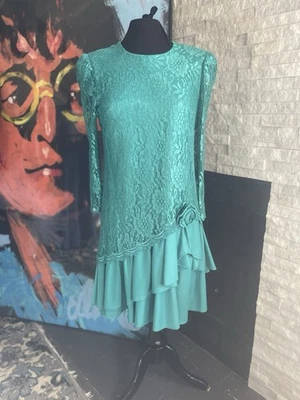 Vestido Vintage David Rosa Verde Victoriano Encaje Fiesta Cóctel Talla 10 Foto 1 de 4