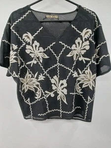 Biba Embroidered Sheer Black Top Size 8 Polyester Floral Design - Picture 1 of 5