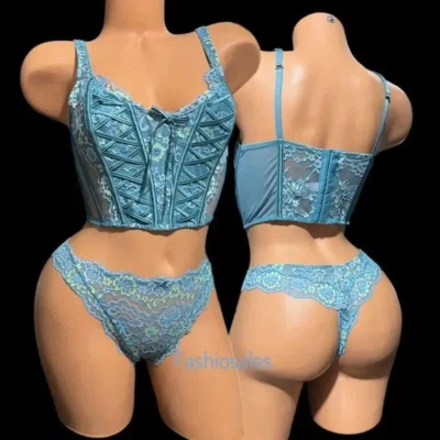 Conjunto Corsé Top Sujetador y Tanga Victoria's Secret Dream Angels con Cordones Salvia Foto 1 de 4