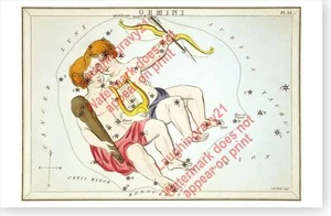 Zwillinge Sternbild Griechische Mythologie 1825 antike Astronomie Poster - Bild 1 von 1