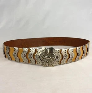 Vintage Croute De Cuir Leather Belt Silver Tone Metal Western Waist France SZ 32 - Picture 1 of 9