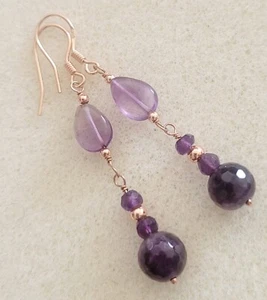 Handmade Dangle Amethyst And Rose Gold Earrings - Picture 1 of 16