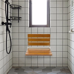 Folding Shower Seat Wall Mounted Oak Wood Fold Down Spa Bath Bench Shower Chair - Picture 1 of 11