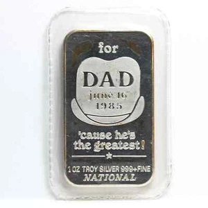 Vintage Father's Day June 16, 1985 National Mint 1-Oz .999 Dad Silver Bar - Picture 1 of 2