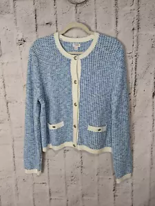 J. Crew Tweed Lady Blue Cardigan Sweater w Pockets Gold Tone Buttons Sz XL - Picture 1 of 11